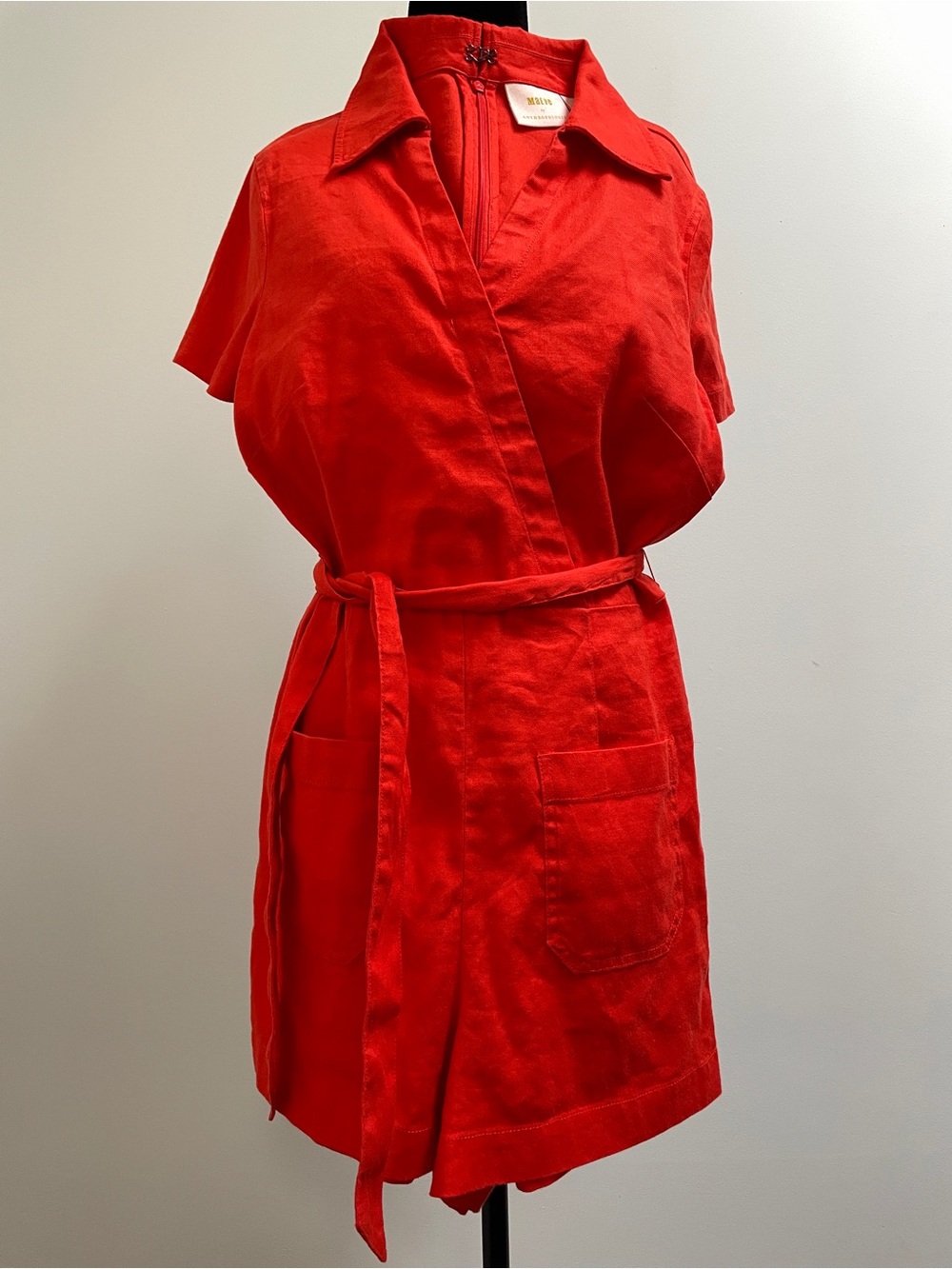 Maeve by Anthropologie Linen Blend Belted Romper Orange Size 8